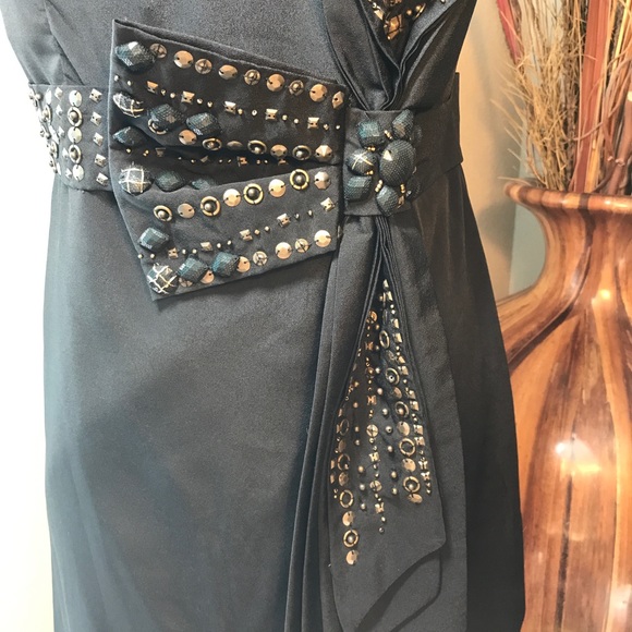 Large Black Dress Cocktail Short Unique Lulumari Beaded Sequin Bow Party NWOT - Picture 3 of 9